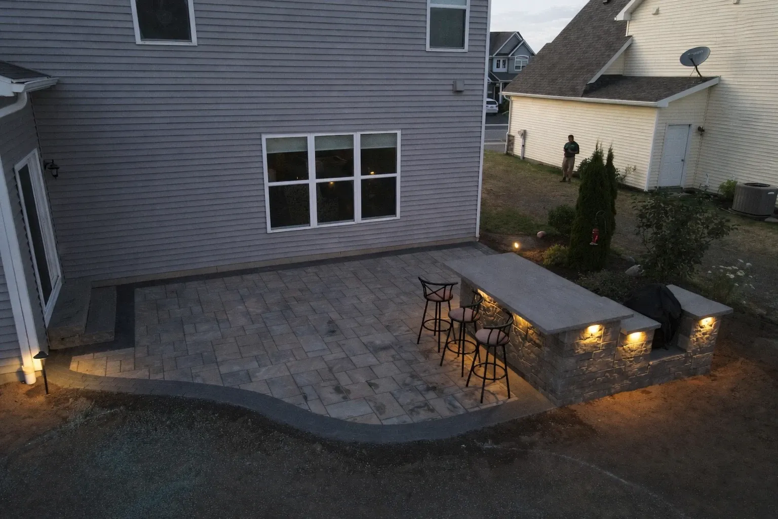 Aerial view of custom patio and landscape design