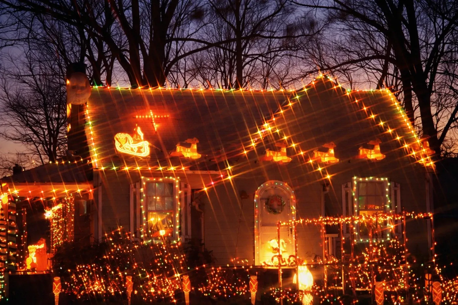 Professional holiday lighting on residential home